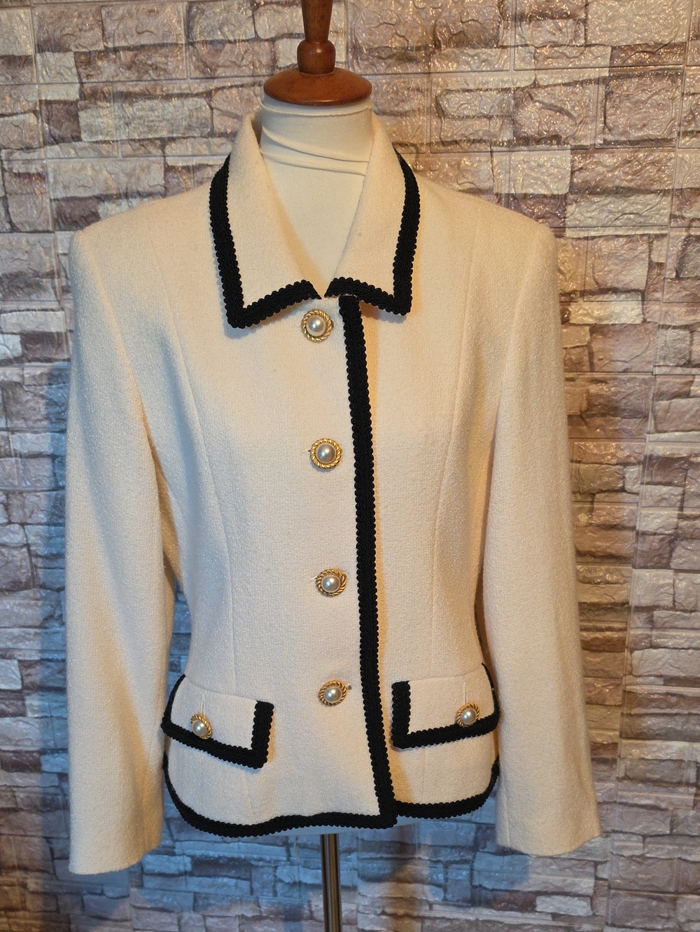 Barrie Pace Cream Wool Button Jacket with Black Trim Vintage